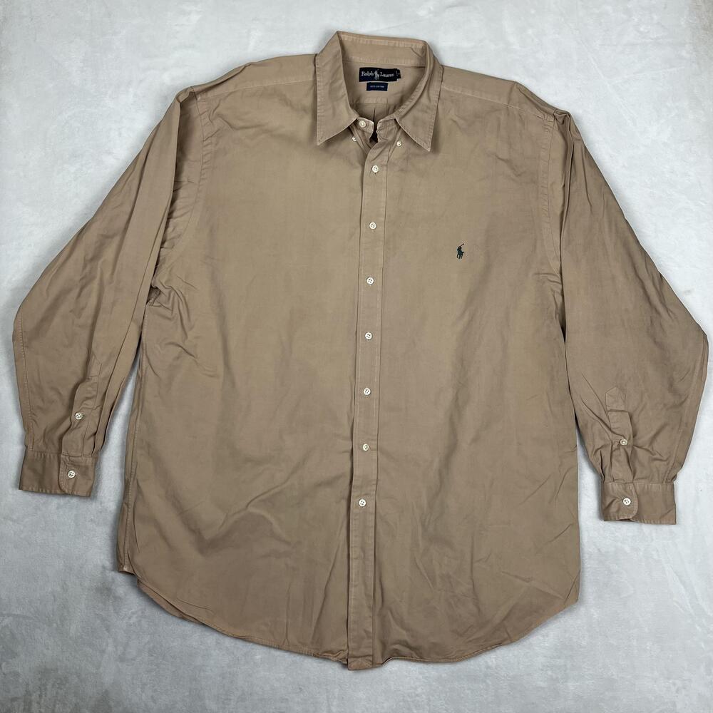 Ralph Lauren Shirt Mens 2XLT Beige Solid Long Sleeve Button Down Cotton Casual